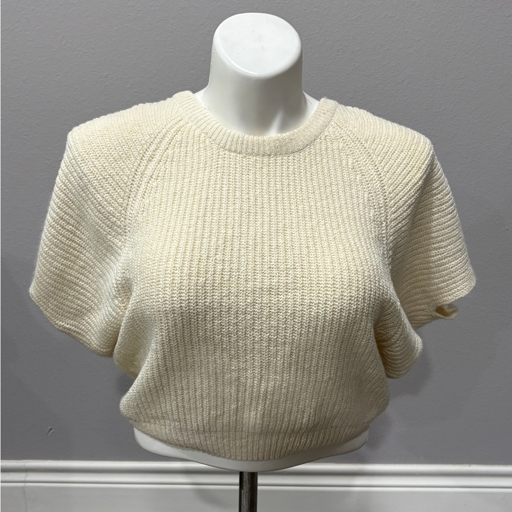 Susann d Cream Knit Short Sleeve Sweater. Made in Hong Kong.